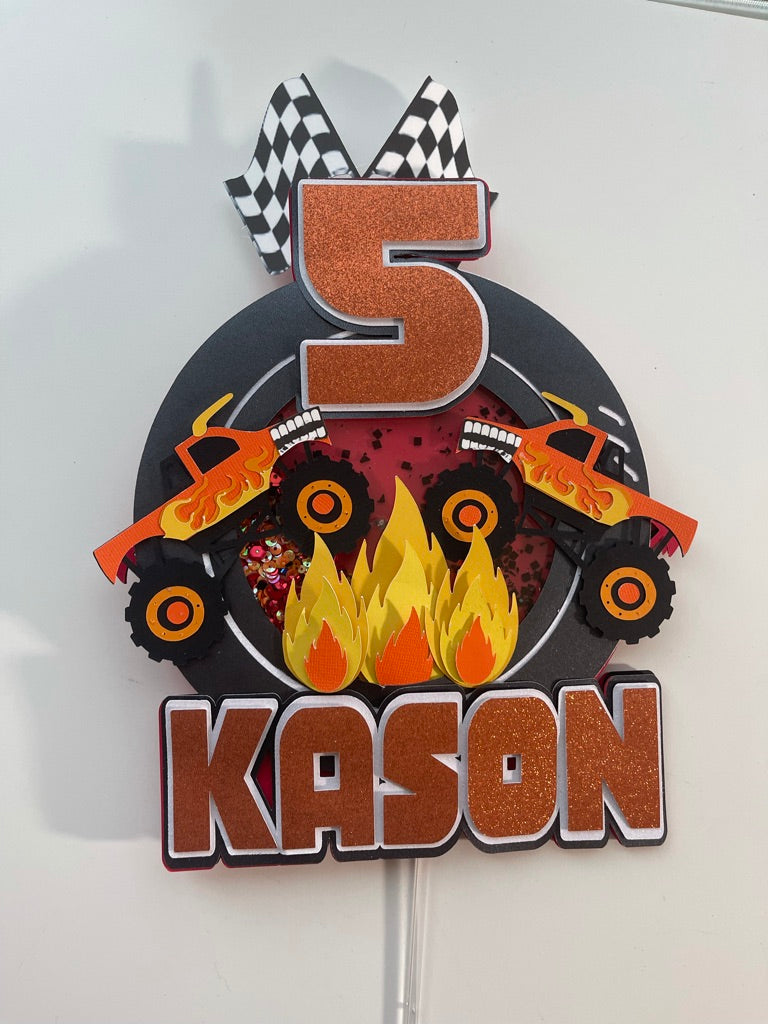 Custom monster jam cake topper with two toro locos and child's name and age
