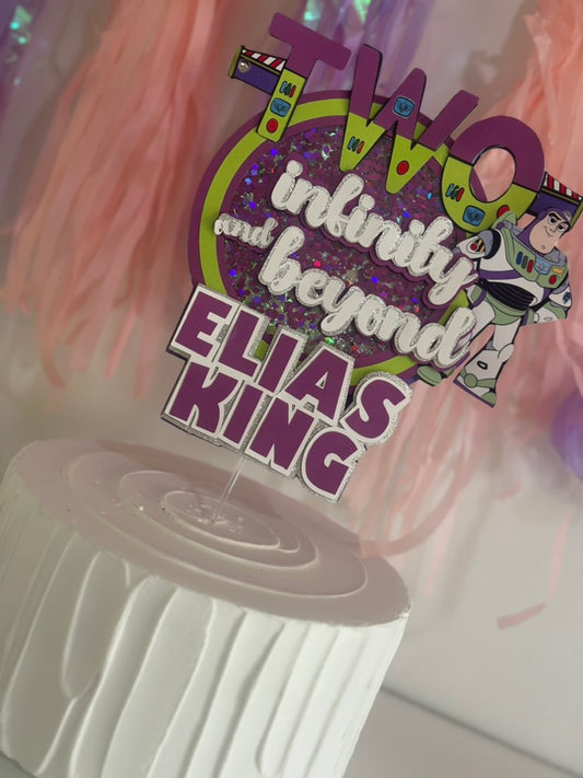 Personalized birthday cake topper with 'Infinity and Beyond' and character design