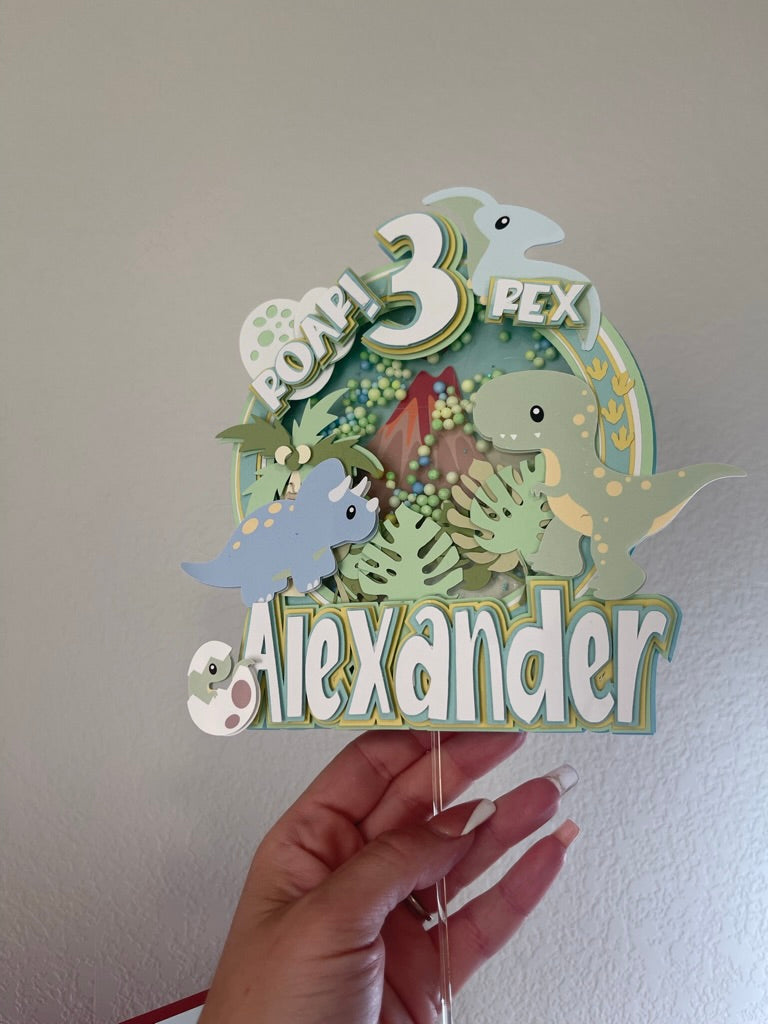 Custom dinosaur "Roar  3 rex" cake topper with pastel blue, green and yellow dinosaurs