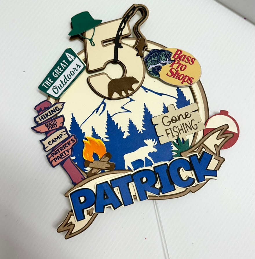 Custom bass pro shop theme cake topper with child's name and age
