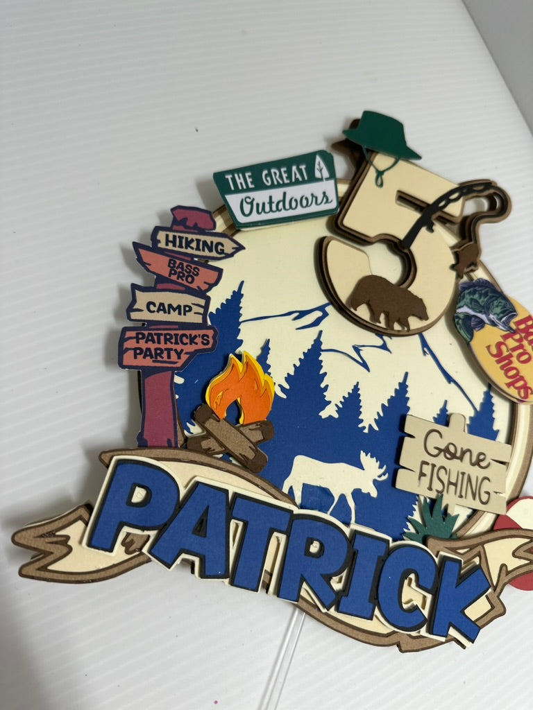 Custom bass pro shop theme cake topper with child's name and age