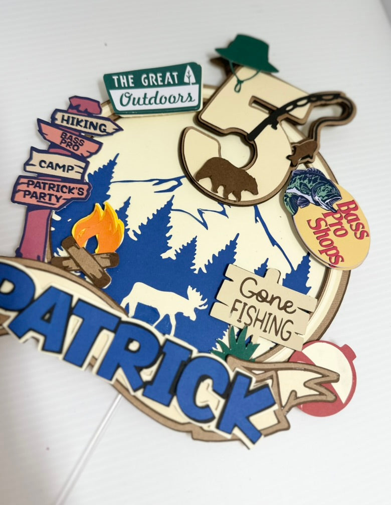 Custom bass pro shop theme cake topper with child's name and age