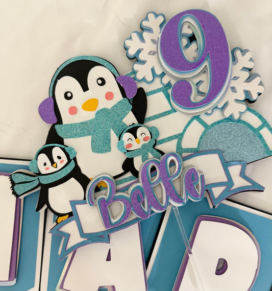 Personalized Penguin Birthday Cake Topper – Winter Wonderland Party Decoration