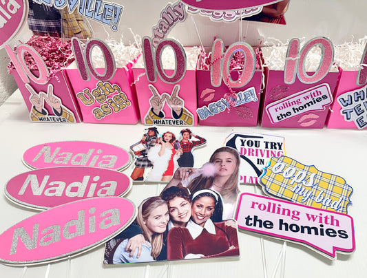 Custom centerpieces titled 'Clueless Movie 90s Theme Party Centerpieces'