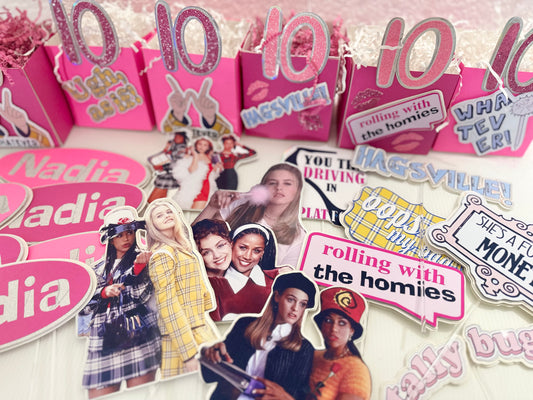 Custom centerpieces titled 'Clueless Movie 90s Theme Party Centerpieces'