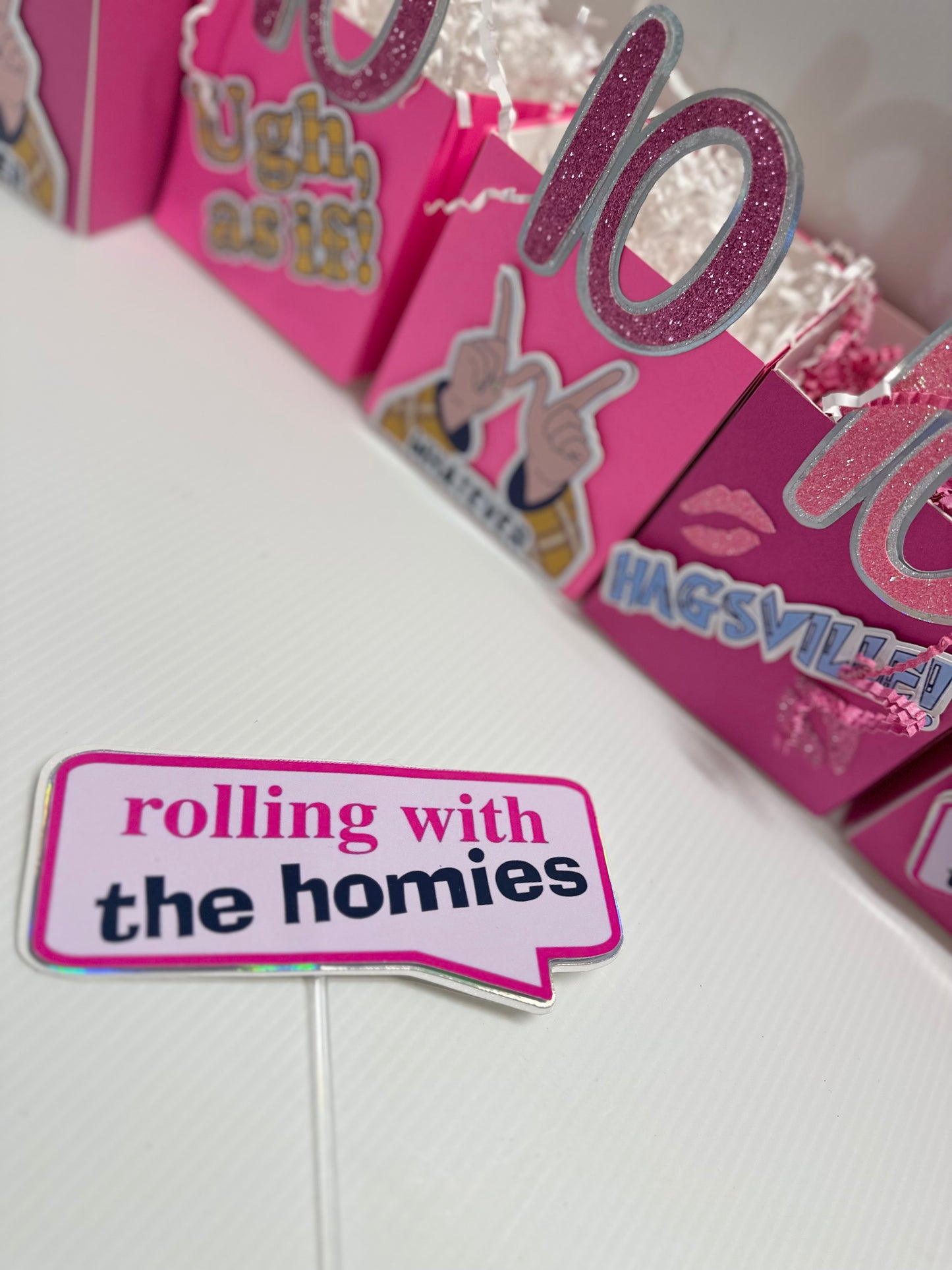 Custom centerpieces titled 'Clueless Movie 90s Theme Party Centerpieces'