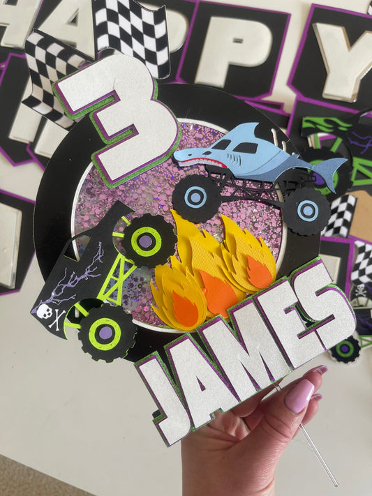 Custom monster jam cake topper with grave digger and megladon with child's name and age